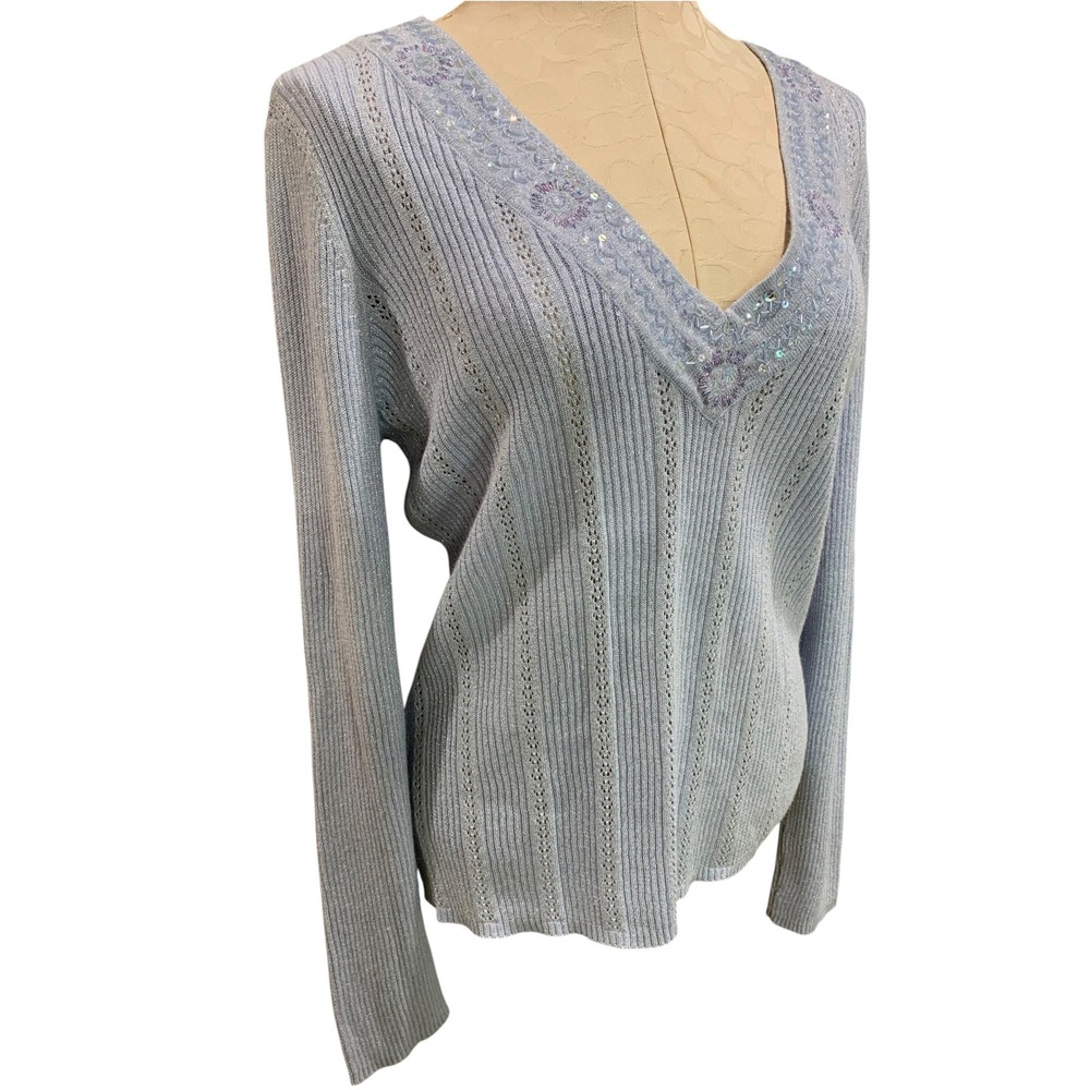 Size XL New York & Co Womens New Ice Blue Embellished V-Neck Sweater